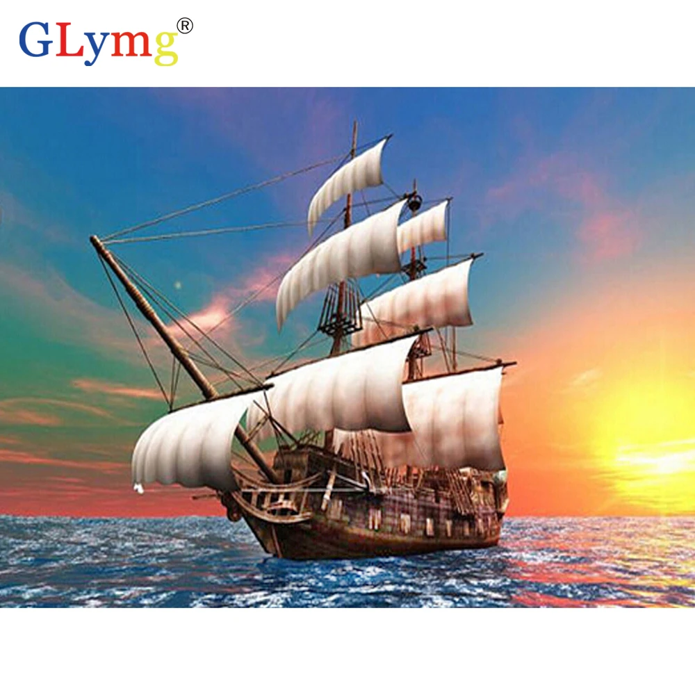 

GLymg 5d Diy Diamond Painting Cross Stitch Sailing At Sea Ship Full Drill Diamond Embroidery Square Mosaic Gift Home Decoration