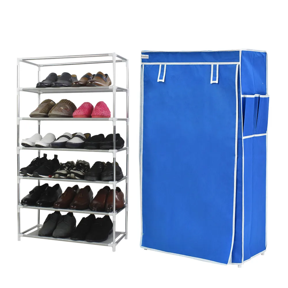 Finether Non-Woven fabric Shoes Storage with Side Pockets-Blue2