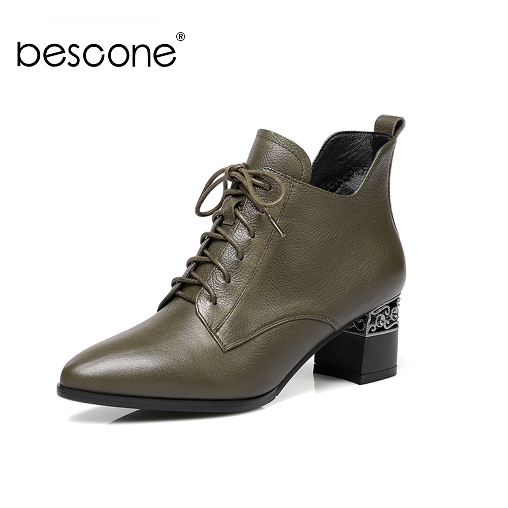 

BESCONE New Fashion Genuine Leather Ladies Boots Spring Autumn Pointed Toe Square Heel Shoes Slip-On High Heel Women Boots BO249