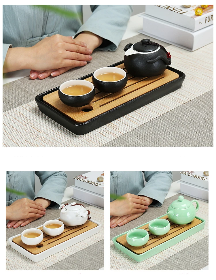 6.4Ceramics Bamboo Tea tray Drainage Water storage Kung Fu Tea set room Board table Chinese tea cup ceremony tools Tea Set
