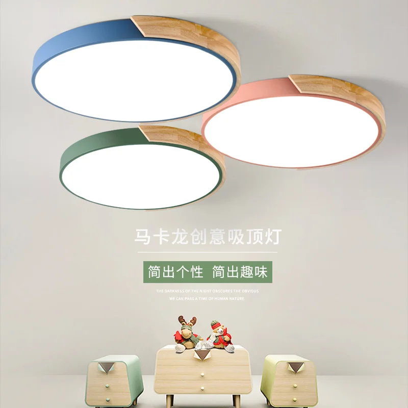 

Round Wooden LED Ceiling Lights With Remote Control Macaron color Ceiling Lamp For Living Room Dining Kitchen Lighting Fixtures