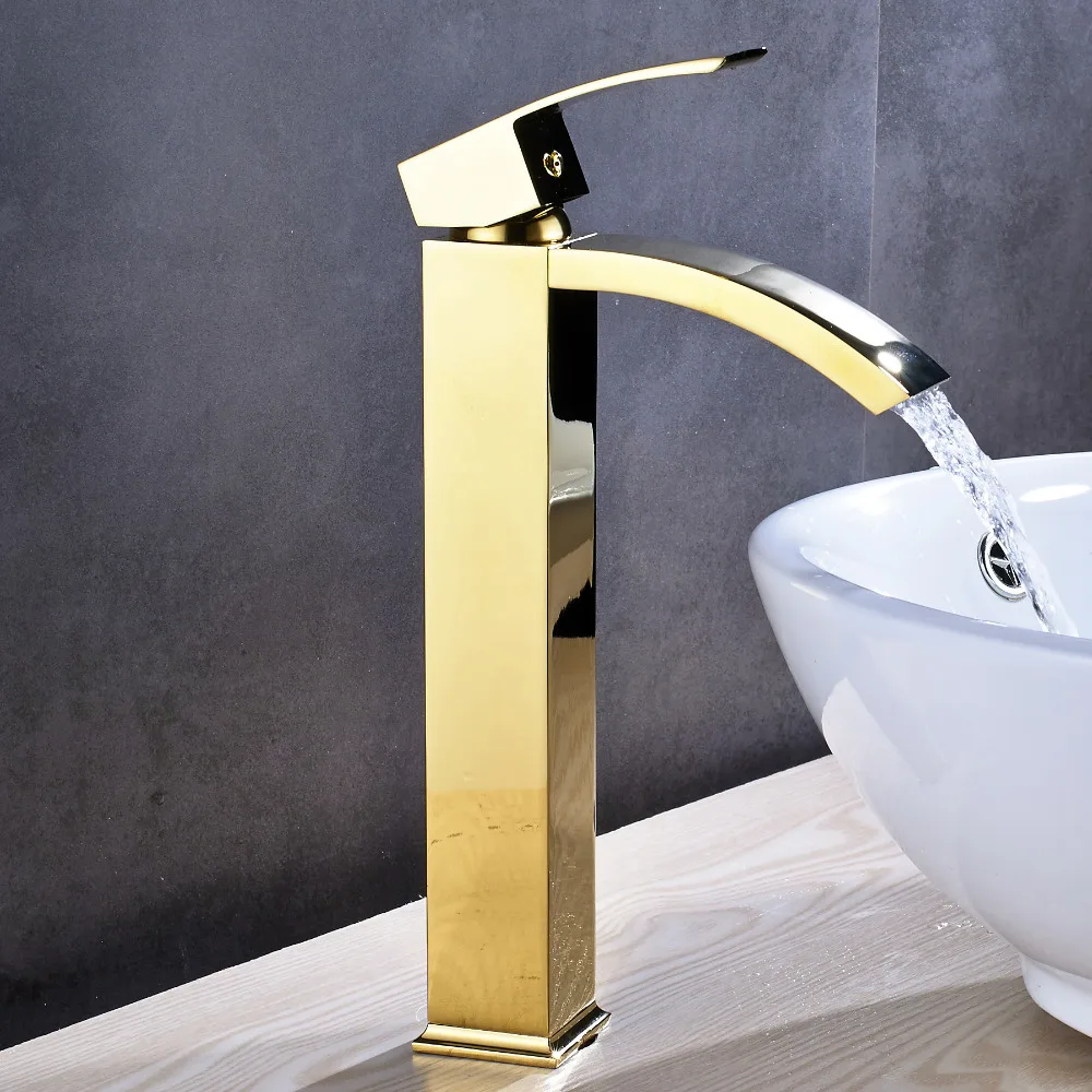 Tall Waterfall Bathroom Sink Faucet Golden Polish Sink Mixer Tap Deck