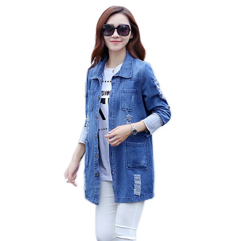 astounding  Plus size 5XL Basic Long Jeans Coat Women Slim Ripped Denim Jacket Femme Elegant Vintage Frayed Jac
