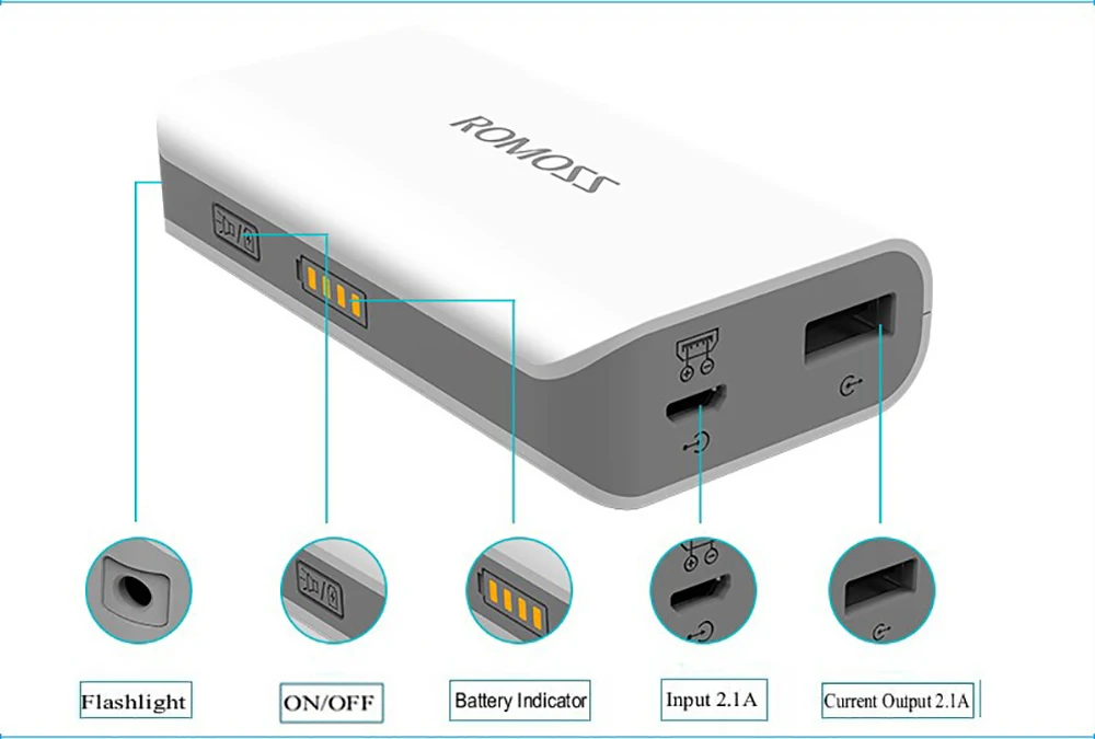 ROMOSS Sense 2S Powerbank 5000mAh 5V/2.1A External Battery for iphone 6s xiaomi power bank Battery Pack with LED Flashlight