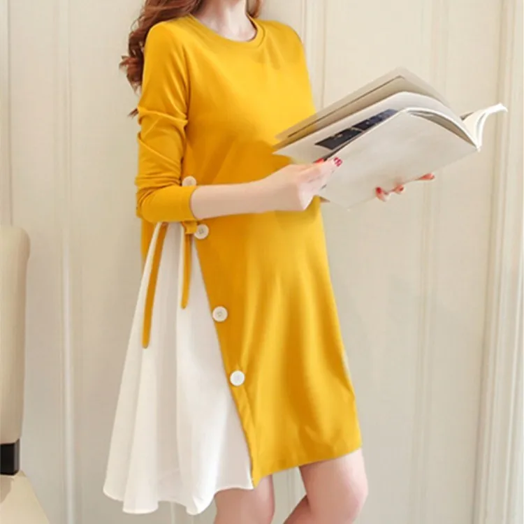 

M-2Xl New Autumn Long Sleeve Loose Dress Black Yellow Pink Mini Dresses Patchwork Button Women Dress