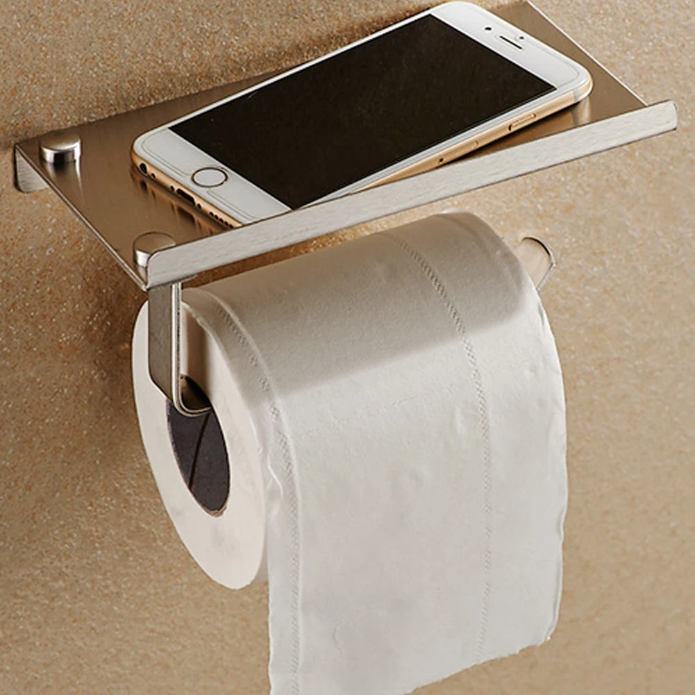 Toilet Paper Tissue Holder with Mobile Cell Phone Storage Shelf Brushed Bathroom 