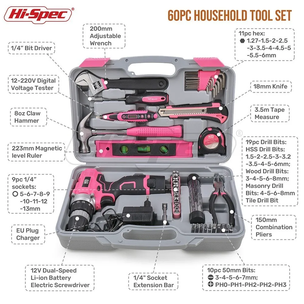 Tanie Hi Spec 60 sztuk różowy zestaw narzędzi ręcznych zestaw 12V elektryczny śrubokręt akumulator litowo jonowy Gril Lady kobiety gospodarstwa domowego zestaw elektronarzędzi