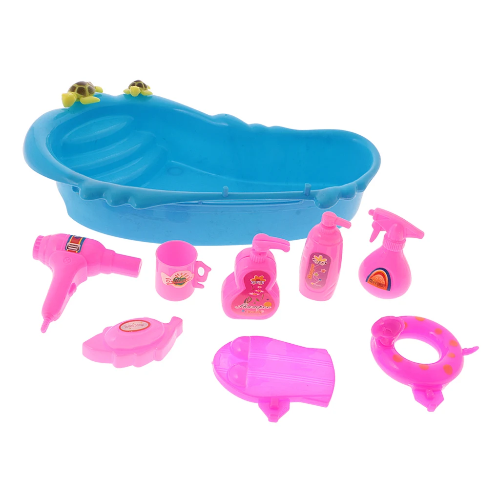 9Pcs Dollhouse Bathtub & Bath Supplies Set for Bathroom Accessories Doll Bathing Pretend Play Set Game Toys