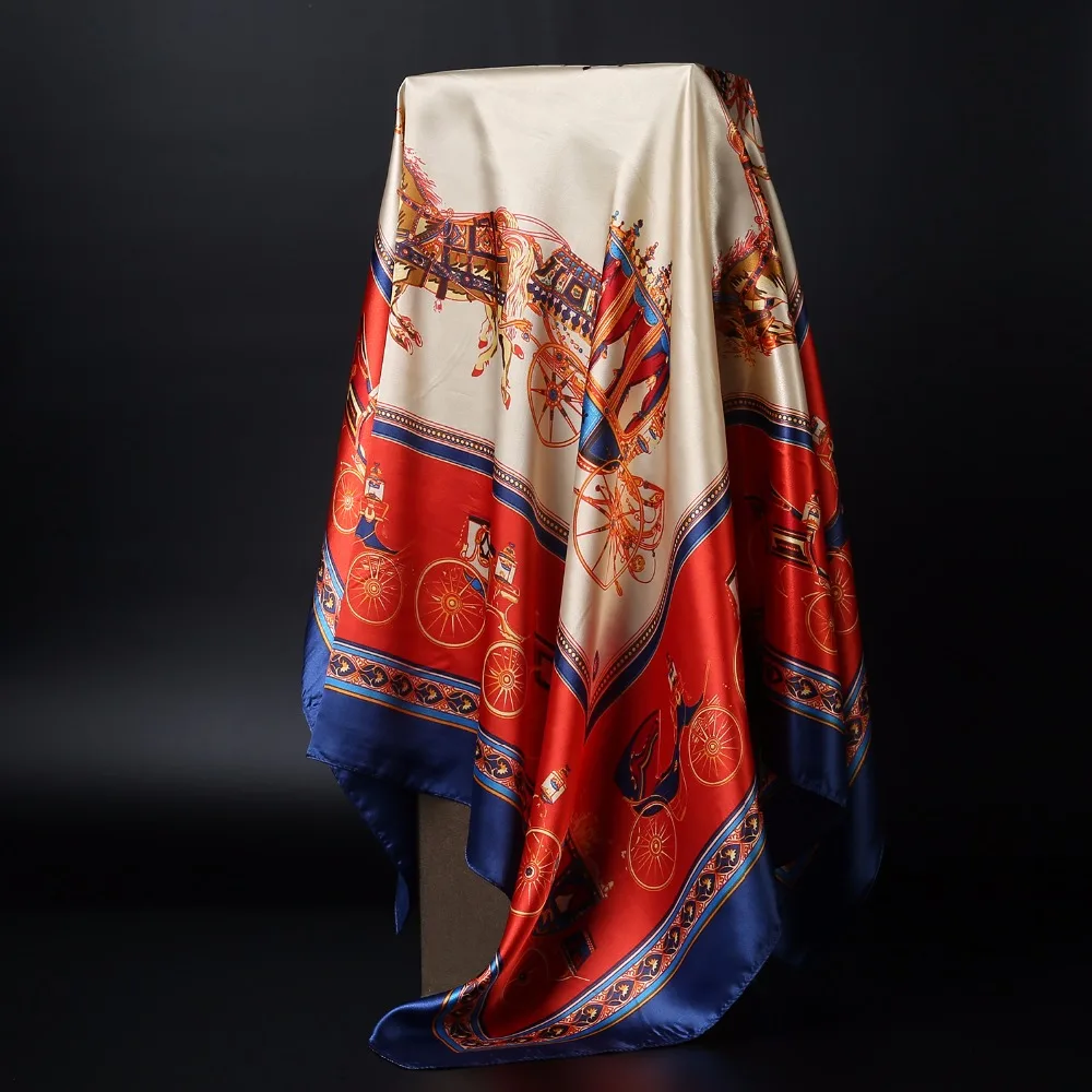 

Large Hijab Satin Scarf Women Fashion Floral Print Soft Square Scarves Luxury Brand Foulard Head Handkerchief Shawl 90x90cm