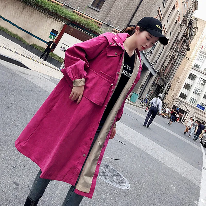Rose À Manteaux Mode Coupe Nouveau Manteau Mi Lâche 2018 breasted vent Single Long Red Dt0439 De Femmes Automne Printemps Survêtement Tranchée Capuchon Femelle xPwpgqp1
