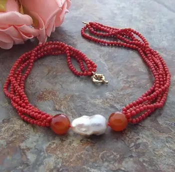 

20" 5row Red Coral Keshi Pearl Round bead Necklace