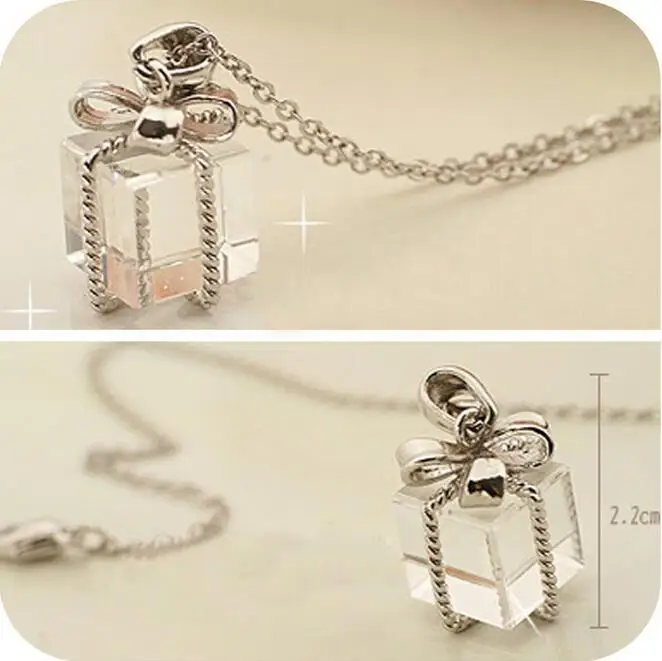 

New Fashion Transparent Small Gift Box Bow Packs Long Chain Pretty Necklace Sweater Pendant Jewelry Gift