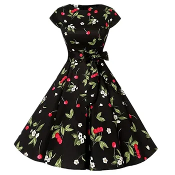 

Elegant Black Women Dress Cherry O-Neck Womens Dress Dress Vintage 1950S Cap Sleeve Summer Rockabilly Swing Cocktail Party Dress