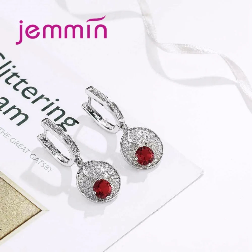 Простой стиль, Круглый 925 пробы, серебряные ожерелья, серьги, ювелирный набор с тонким красным кристаллом для женщин, женские вечерние