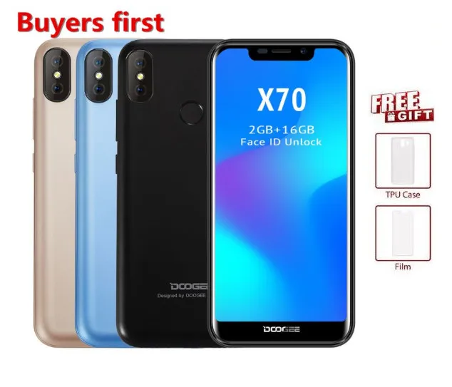 2018 Новый Doogee X70 Смартфон Android 8,1 19:9 5,5 "FHD 4000 мАч MTK6580 4 ядра 2 ГБ Оперативная память 16 ГБ Встроенная память face ID 8MP мобильный телефон 3G