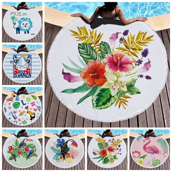 

Summer Flowers Printed Round Beach Towel With Tassels Bohemian Parrot Large Blanket Picnic Yoga Mat Travel Tablecloth Bath Towel