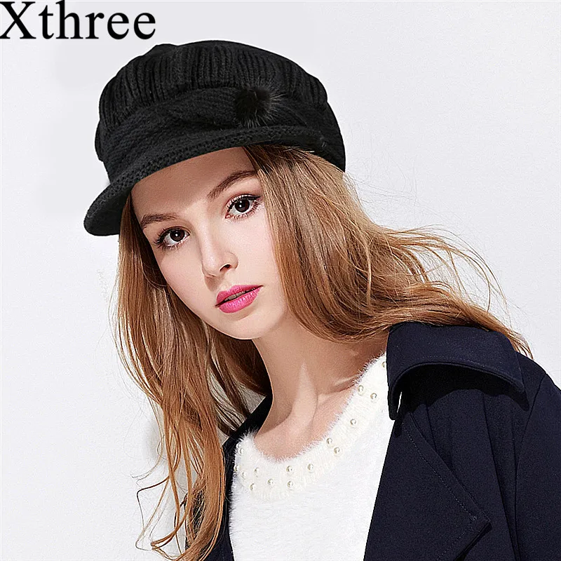 

Xthree Winter skullies beanies hat for women rabbit fur knit cap balaclava gorras bonnet knitted hat