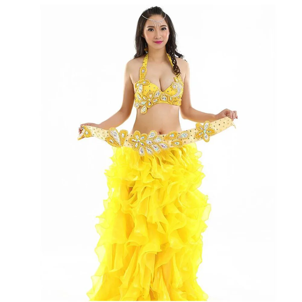 Пикантный лифчик Бикини женское платье для танца живота наряды с бриллиантами - Цвет: yellow 2pcs set