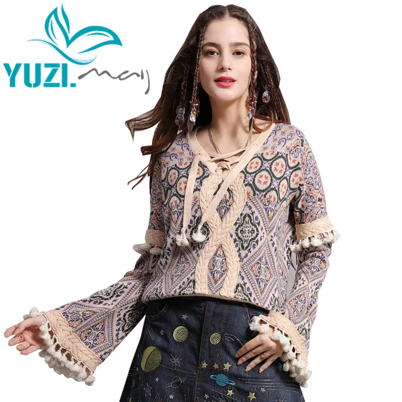

Sweater Female 2018 Yuzi.may Boho New Cotton Wool Pullover V-Neck Flare Sleeve Tassels Floral Patchwork Christmas Sweaters B9273