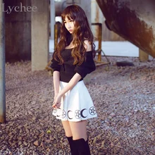 Lychee Harajuku Punk Rock Goth Summer Women Skirt Goth Witch Pentacle Moon Print Kawaii Waist Mini Skirt