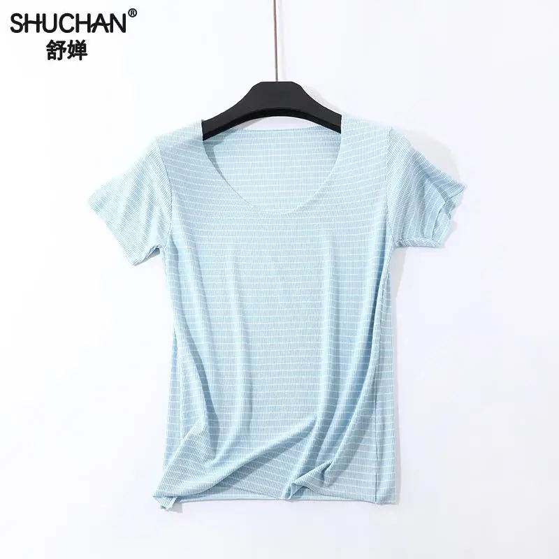 

Shuchan Thin Summer T-shirts For Women Casual Tees Striped V-neck New Arrivals 2019 Short Sleeve T-shirt Soft tops woman