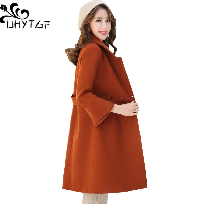 

UHYTGF Korean Elegant Female Coat 2019 Autumn Winter Wool jacket Women fashion slim long Woolen Coat Casual plus size jacket1174