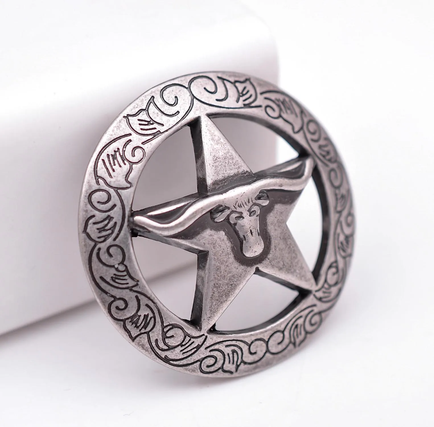 

6X 1-1/2" Heavy Antique Silver Cowboy Longhorn Bull Texas Star Saddle Bridle Concho For Leathercraft Hatband Belt Screwback