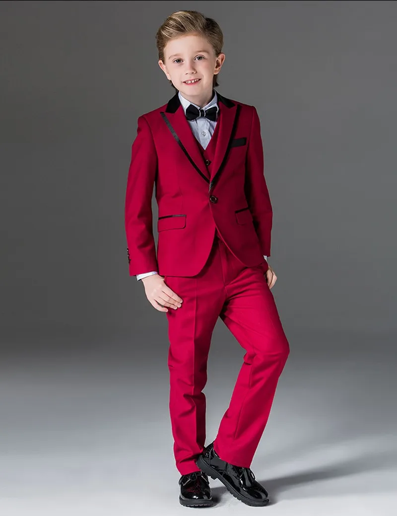 Новейшая модель; для мальчиков смокинг с лацканами с острыми углами Детский костюм Королевский синий/красный/черный малыш Свадьба/костюмы для выпускного(куртка+ жилет+ штаны+ галстук-бабочка+ рубашка), NH9