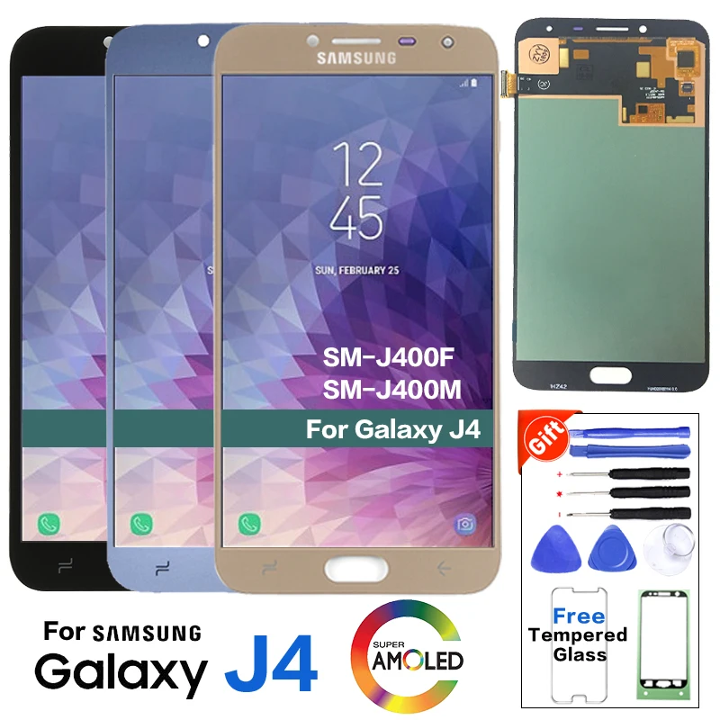 Дешево Оригинальный супер Amoled font b lcd b font для SAMSUNG Galaxy J4 2018 font b lcd b font дисплей J400F J400F DS J400G DS font b lcd b font кодирующий преобразователь сенсорного экрана в сборе