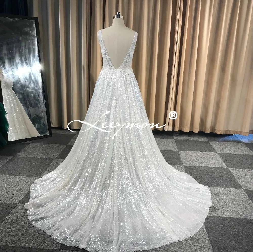 Leeymon2020 Custom Made Sexy Charming A-Line Applique Lace Wedding Dress Backless Bridal Dress Ivory