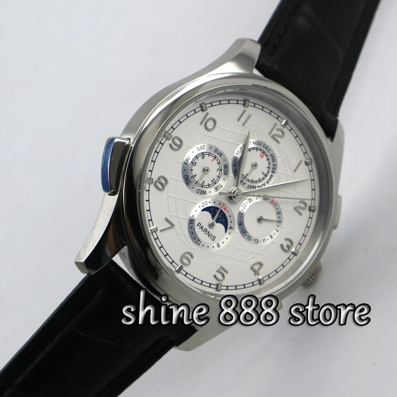 

Parnis watch 44mm White dial Silver hands Moon Phase week and date Multifunction Automatic movement Men's watch