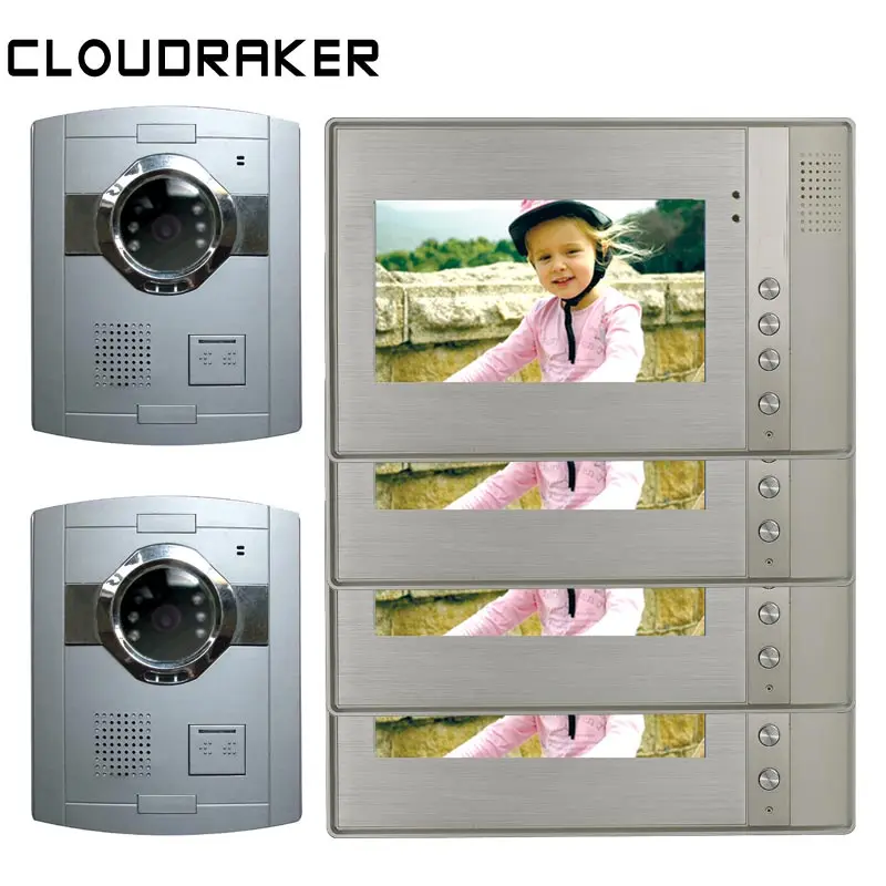 

CLOUDRAKER 7'' Video Doorbell Intercom System 4x Metal Texture Monitor with 2x Wired Door Phone Camera Video Intercom