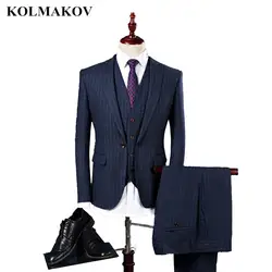 (Куртка + жилет + брюки) Колмаков 2019 комплект из 3 предметов мужской свадебный костюм формальные мужские пиджаки тощий костюм Бизнес