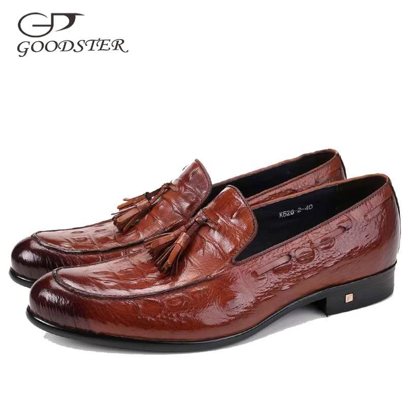 

Goodster Luxury Crocodile Skin Print Genuine Leather Black Brown Orange Slip On Round Toe Mens Dress Shoes GSTD016