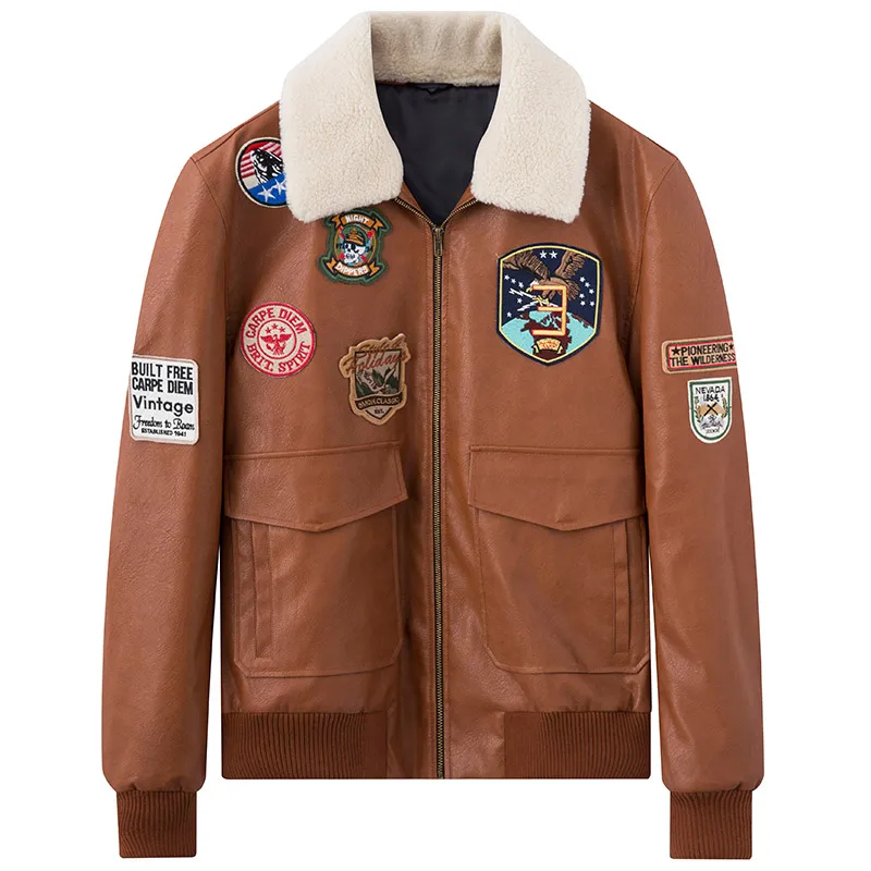 PU leather jacket men casual streetwear brown mens slim bomber jacket appliques fashion Korea style man clothes warm collar 3xl