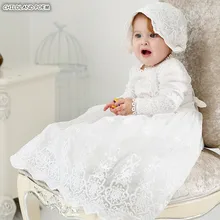 Крестильное платье для малышей длинные кружевные платья в стиле принцессы для новорожденных; платья для крестин 1 год День рождения свадебные детские душ платье