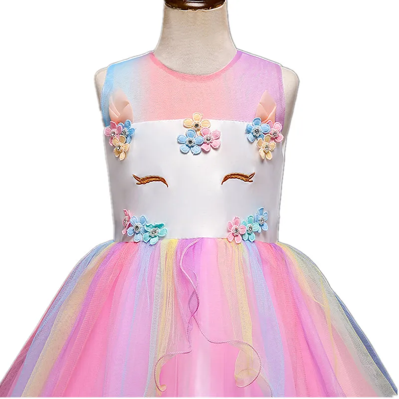 Детские платья с единорогом для девочек; платье принцессы с цветочной аппликацией; вечерние костюмы на Хэллоуин для маленьких девочек; детская одежда на Рождество
