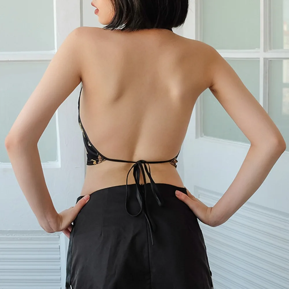 Сексуальный топ для Для женщин мода вышивка Cheongsam Винтажная с драконом бюстгальтер со шнуровкой пикантные топы с открытой спиной пляжные