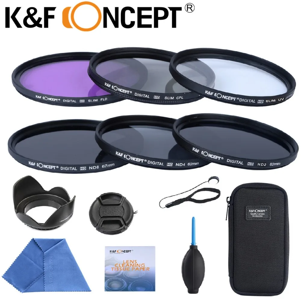 

K&F Concept FLD CPL UV ND2 ND4 ND8 Camera Lens Filter Kit With Accessories For Canon 6D 5D Mark II For Nikon D610 D70 D3200