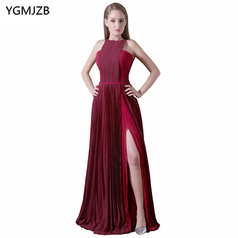 

Cheap Long Evening Dresses 2018 A Line Halter Floor Length Pleat Prom Dress Side Split Chiffon Evening Gown Vestido De Festa