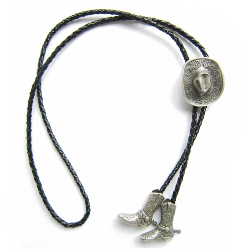 Винтажный, с серебряным покрытием ковбойские сапоги Вестерн Кепка Свадебный Галстук боло кожаное ожерелье также в США