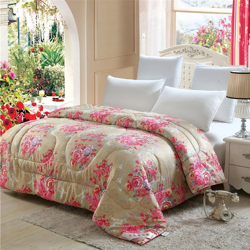 3D Flower Print Mulberry Silk Blanket Spring Autumn Warm Soft Patchwork Quilt Twin Full Queen King Floral Comforter Quilts bed comforter silk quilt