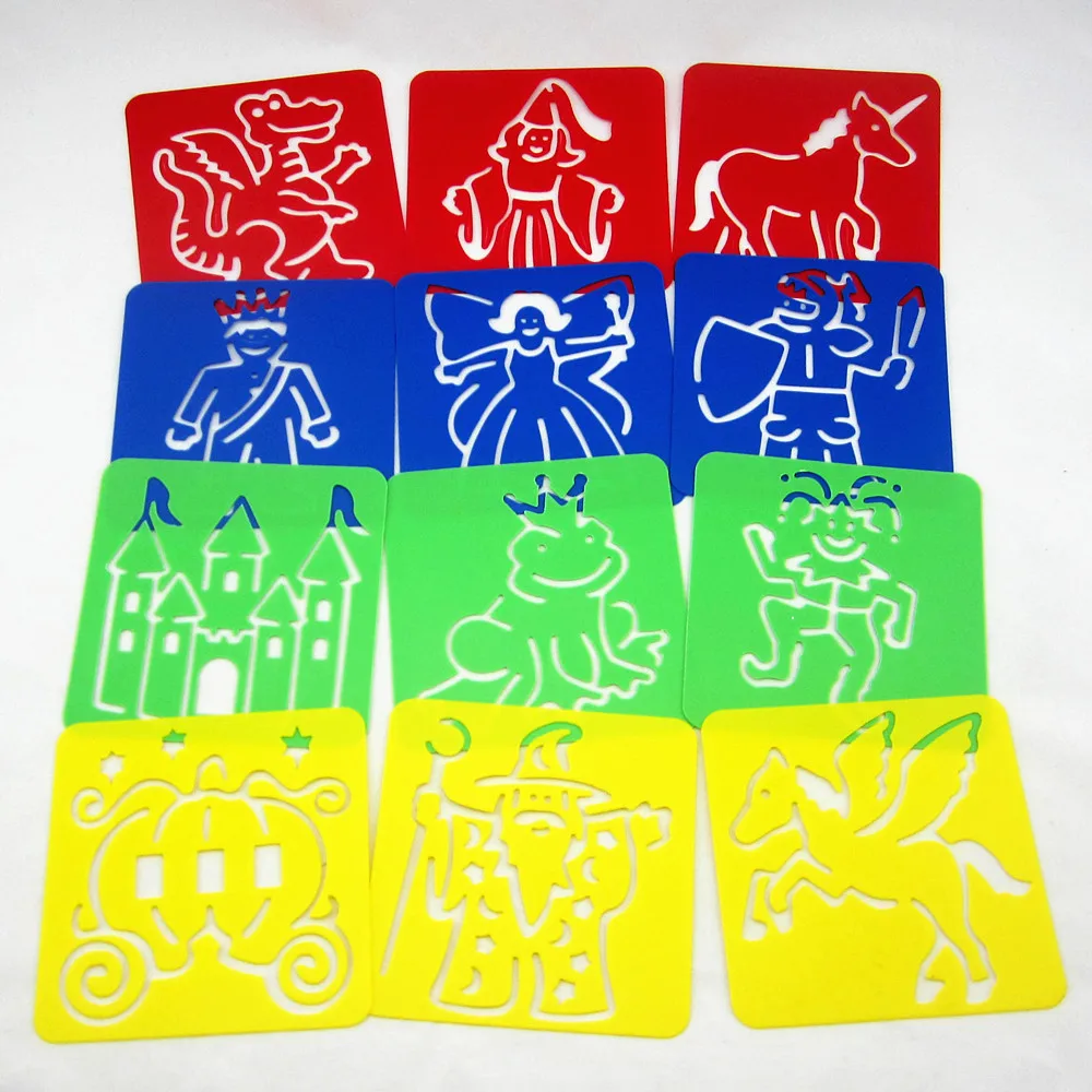 

12Designs/set Stencils for painting Kids drawing templates Plastic picture boards Washable 128x128x0.6mm