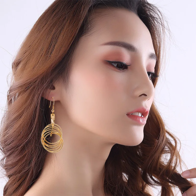 

Long Dangle Earrings Gold Drop Ring Trendy Women's Fashion Jewelry Round Ring Earrings Copper