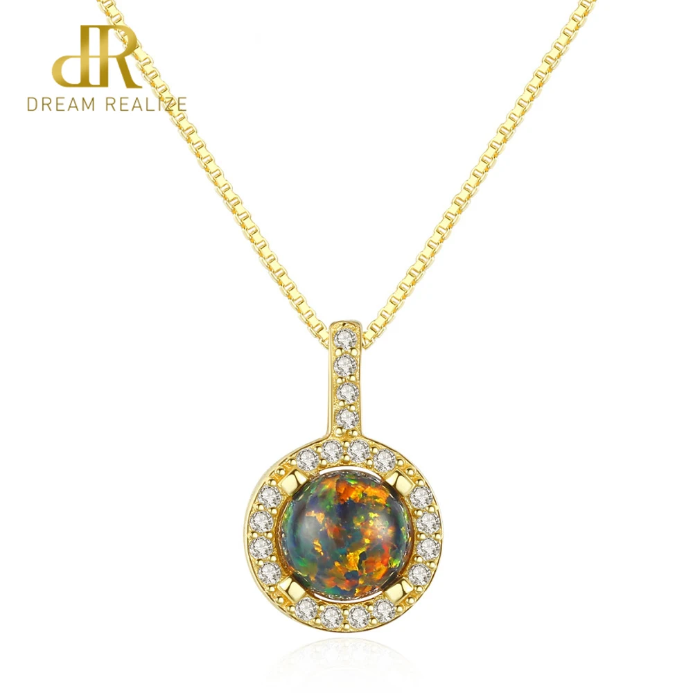 

DR Sterling Silver 925 Round Opal Pendant Necklace for Women Charming Silver Chain Pendant Sparkling Necklaces Jewelry Gifts