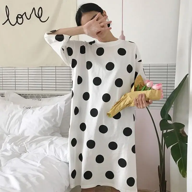 

20192019 Summer Ladies Milk Silk Letter Dot Striped Print Loose Long Nightdress O Collar Short-sleeved Nightdress Home Clothing