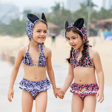 Детский леопардовый комплект бикини с бантом, купальный костюм для девочек, 3 предмета, купальный костюм, детские купальники, пляжная одежда