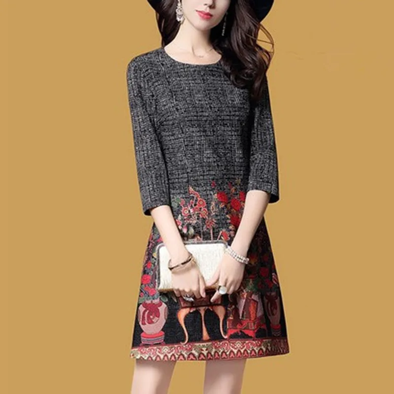 

Floral Print Dress Autumn Clothes Three Quarter Sleeve British Style Fashion Three Quarter Sleeve Mini Vintage Dresses Zipper