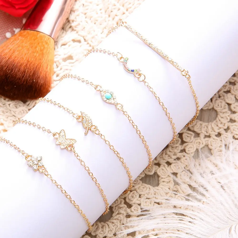 

6Pcs/Set Butterfly Eye Star Moon Leaves Crystal Shiny Bracelet Gold Multi layer Bracelet Set For Women Jewelry Accessories