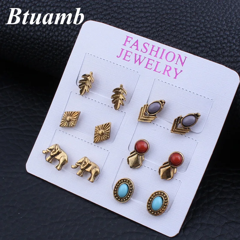 Btuamb 6 pairs/set Vintage Ethnic Elephant Animal Earrings Punk Bohemia Beads Leaves Stud Set for Women Jewelry Brincos | Украшения и
